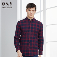 Youngor/雅戈尔红黑格纹商务正装纯棉面料 修身剪裁 绒面工艺衬衫033NKC