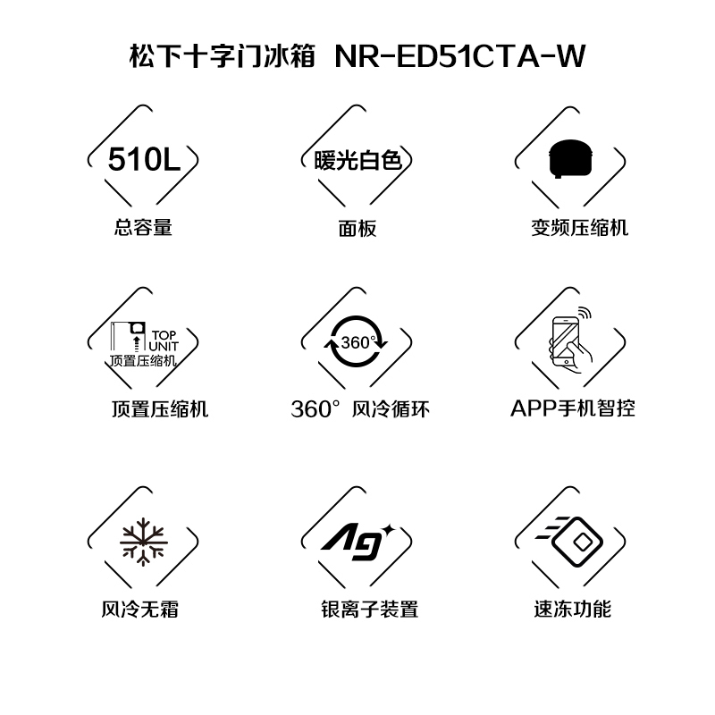 松下(Panasonic)多门冰箱NR-ED51CTA-W 510L 顶置压缩机 WIFI智控 银离子抗菌 节能导航风冷