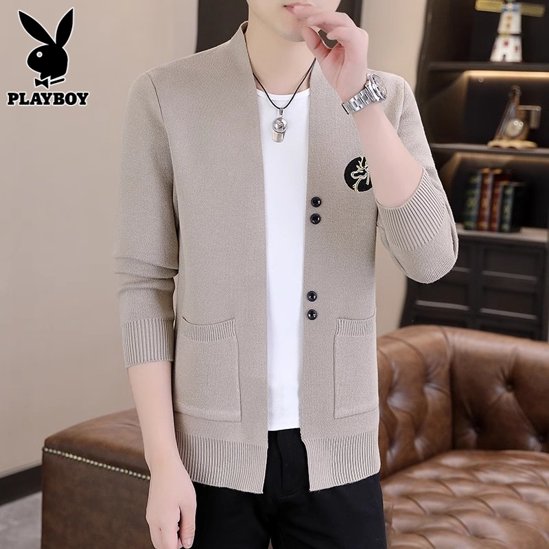 花花公子开襟羊毛衫男式羊毛衫夹克衫2025春秋季新款时尚休闲男式羊毛襟高清大图