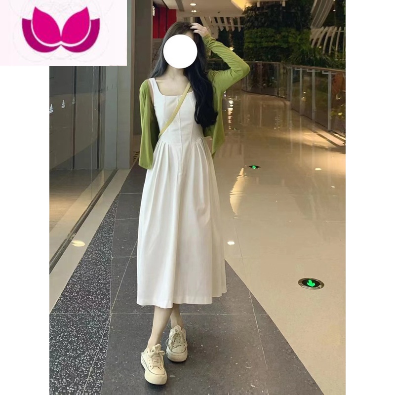 七斓连衣裙女2023新款女装大码纯欲收腰气质吊带裙开衫上衣套装上 S 绿色上衣