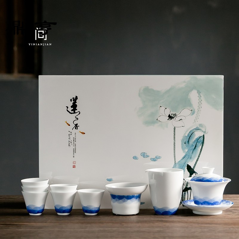 鼎亨手绘茶具套装陶瓷盖碗茶杯整套家用功夫茶具釉下彩薄胎白瓷礼