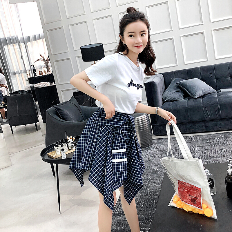 衬衫格子半身裙女夏季不规则防走光短裙两件套韩版学生高腰套装裙蓝色裙子+棉T恤