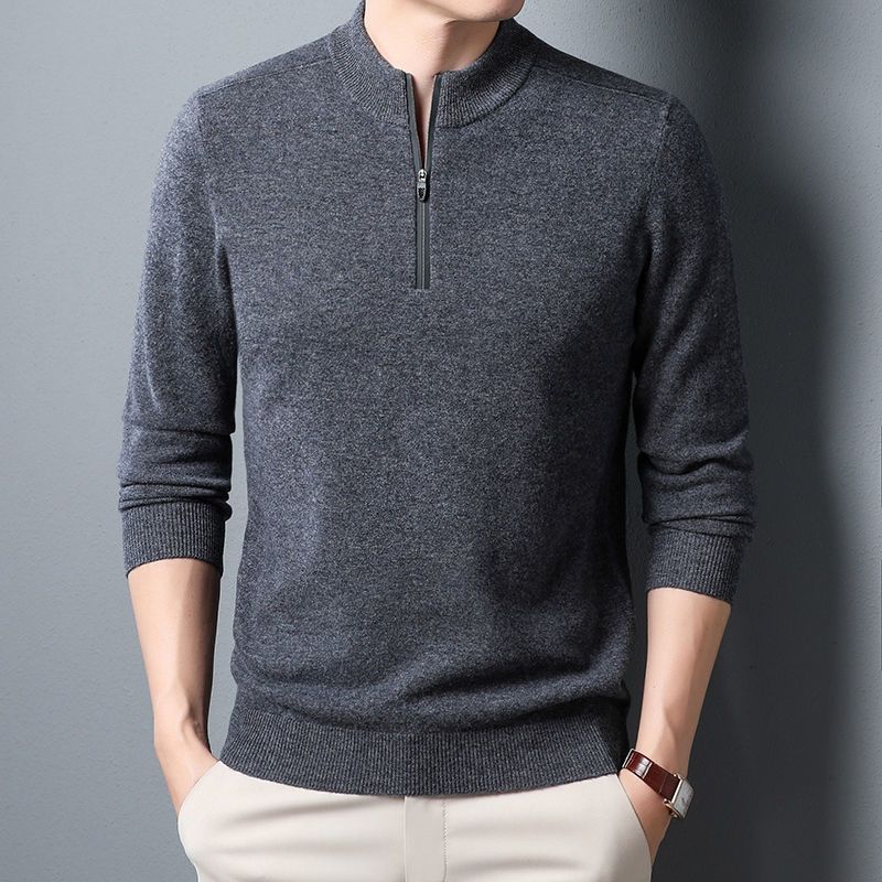 恒源祥秋冬新款加厚羊毛衫中青年男士半高拉链商务休闲毛衣男纯色百搭