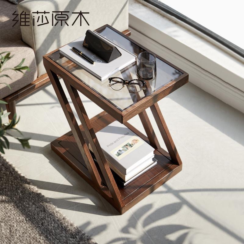 森美人全实木边几简约小户型客厅钢化玻璃面角几北欧橡木创意小茶几