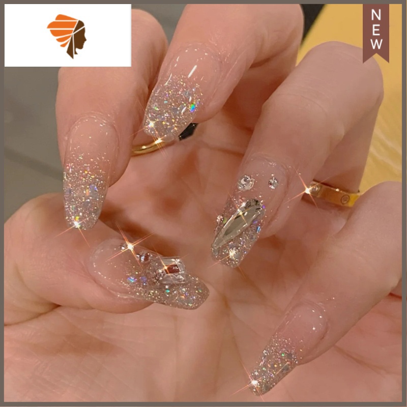 式美甲款式长款甲片新娘美甲片孕妇 三维工匠 藕色 爆闪碎钻美甲贴