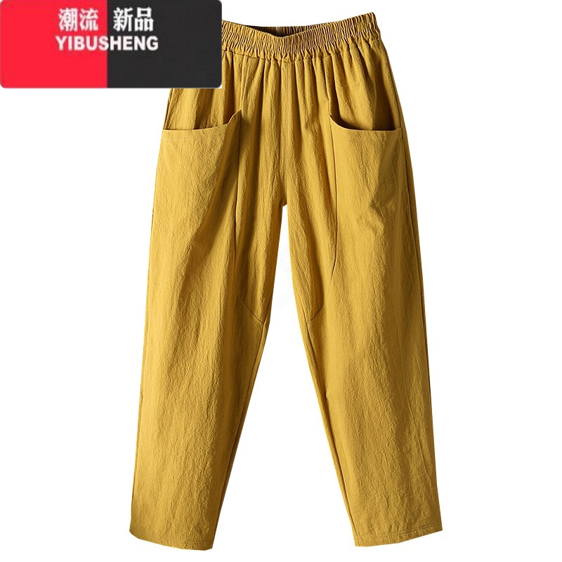 YIBUSHENG棉麻裤女薄款直筒松紧腰妈妈裤亚麻宽松高腰显瘦百搭九分休闲裤女高清大图