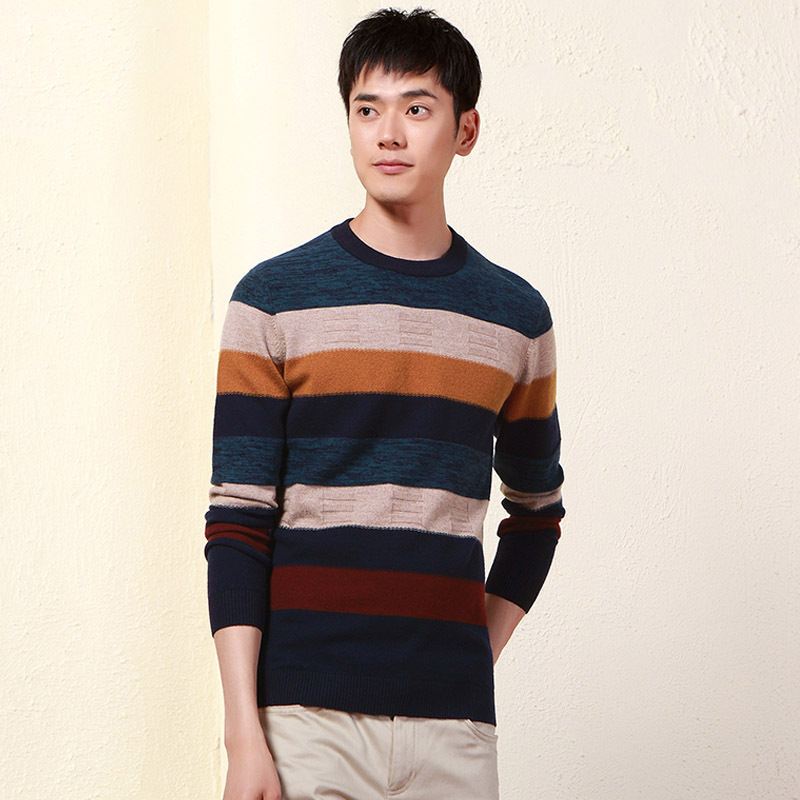 红豆男装男士羊毛衫冬季舒适时尚圆领多彩条纹羊毛衫