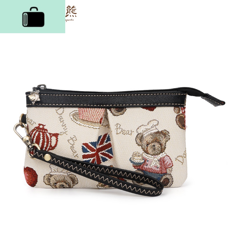 新款小熊帆布手拿包卡通可爱零钱包复古布艺女包休闲手机包NEWLAKE 白色配黑色