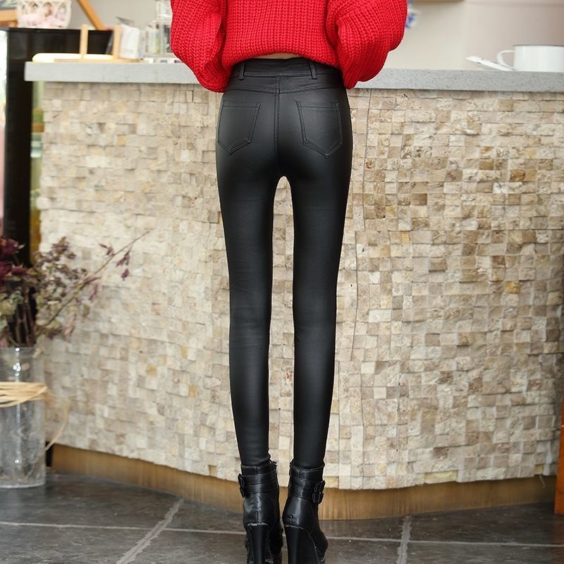 高腰皮裤女加绒加厚秋冬韩版外穿加长打底裤亚光磨砂紧身小脚靴裤