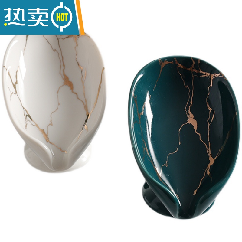 敬平北欧ins风陶瓷沥水香皂盒简约大理石纹绿色肥皂盒免打孔学生皂托 卷叶大理石纹皂盒-白色高清大图