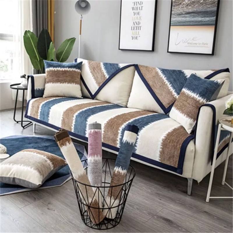 家柏饰(CORATED)沙发垫 四季通用防滑沙发巾盖布北欧简约加厚 沙发套全包套罩 雪尼尔灰蓝条纹 70*70cm高清大图