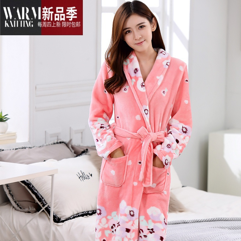 SHANCHAO2022睡袍女中长款睡裙珊瑚绒加绒保暖睡衣法兰绒家居服浴袍