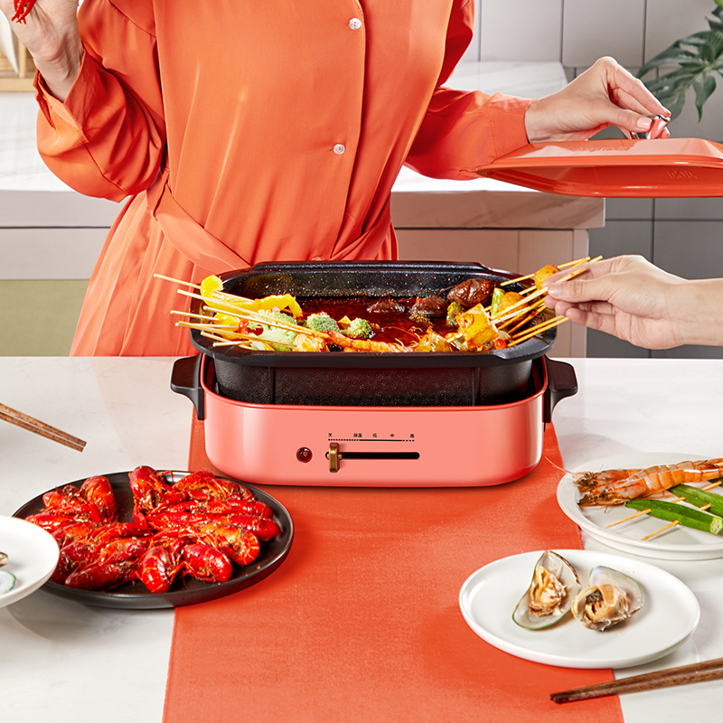 北美电器(ACA)多功能料理锅AH-MP1200 家用多功能锅料理锅 电烧烤锅电火锅蒸锅家用电烤锅烤肉机 橘色标配