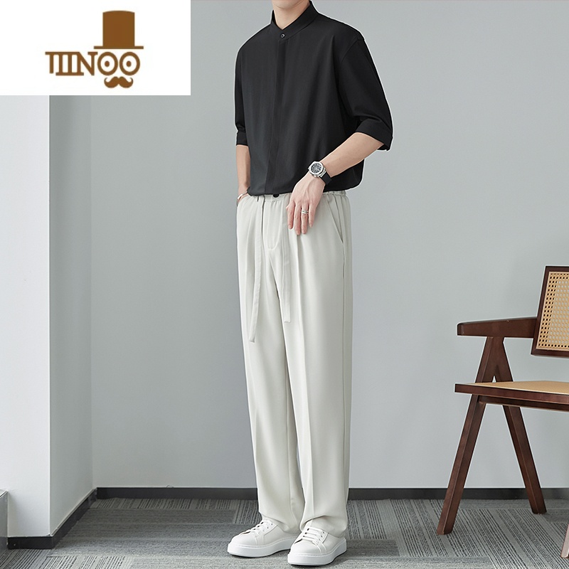 YANXU古着新中式男士短袖衬衫夏季立领衬衣感冰丝垂感感立夏夏高清大图