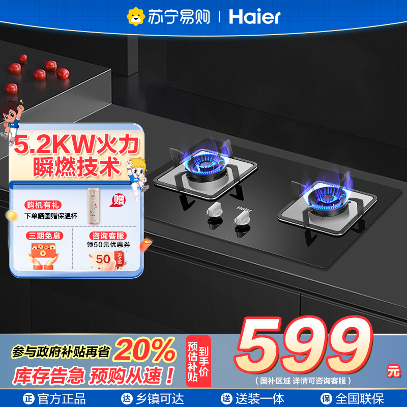 海尔(Haier)燃气灶一级能效 台嵌两用 瞬间燃火 Q2BE3 天然气 以旧换新 熄火保护