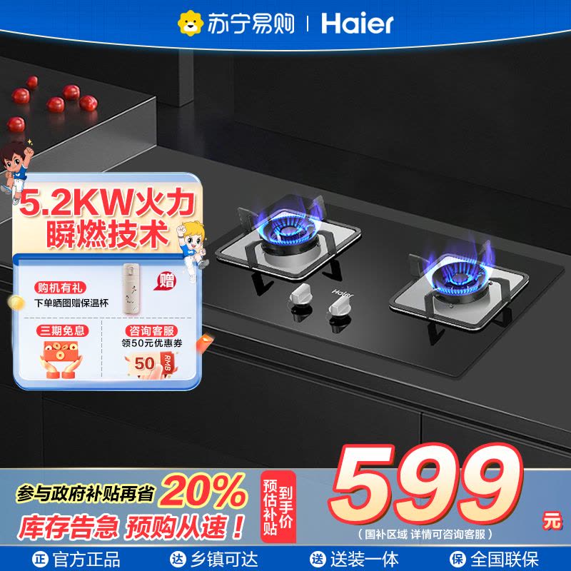 海尔(Haier)燃气灶一级能效 台嵌两用 瞬间燃火 Q2BE3 天然气 以旧换新 熄火保护图片