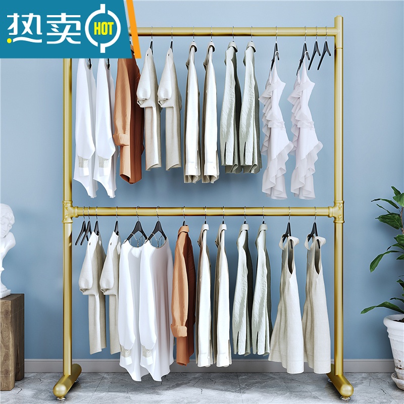 敬平北欧简约双层服装店置地衣服架加粗双杆折叠挂衣杆落地升降晾衣架 双层 黑色 长80高160晾衣杆高清大图