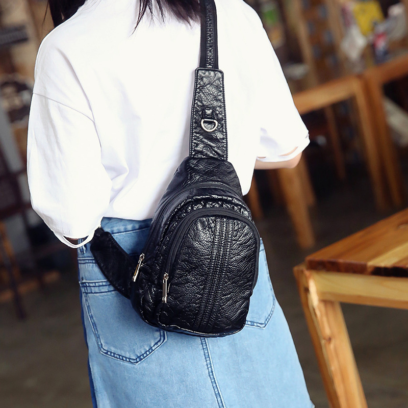 派尼美特胸包女斜跨休闲单肩包时尚潮流情侣包水洗皮女士胸前单肩包