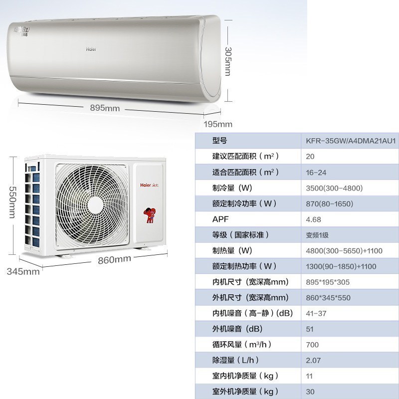 海尔(haier)kfr-35gw/a4dma21au1劲铂空调光感护眠挂式壁挂式大1.