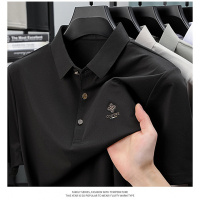 2025冰丝短袖T恤男Polo衫中年爸爸夏装商务休闲翻领T体恤男 4XL 黑色