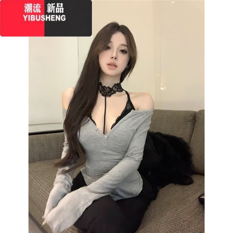 YIBUSHENG纯欲性感露肩V领打底衫女春秋2024新款辣妹修身不规则上衣长袖T恤