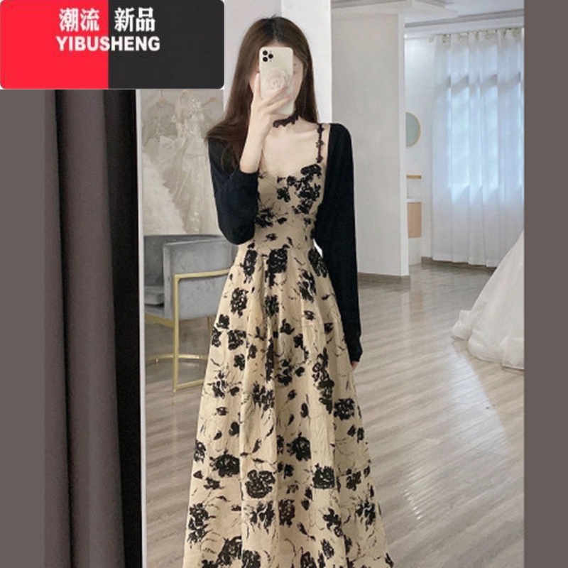 YIBUSHENG法式干枯玫瑰碎花吊带连衣裙两件套装女2024新款高级感气质长裙 开衫+吊裙子原版优质面料 L