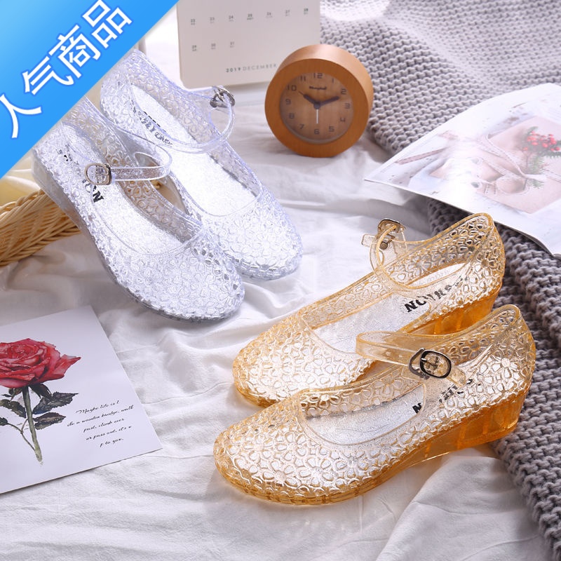 SUNTEK夏季女鞋子水晶凉鞋女坡跟中跟一字扣包头女果冻新款时尚外穿百鞋高清大图