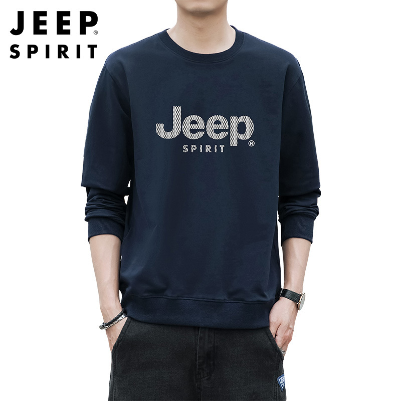 JEEP SPIRIT吉普新款秋冬男士卫衣时尚字母圆领套头衫纯棉微弹男士体恤衫灰色外套