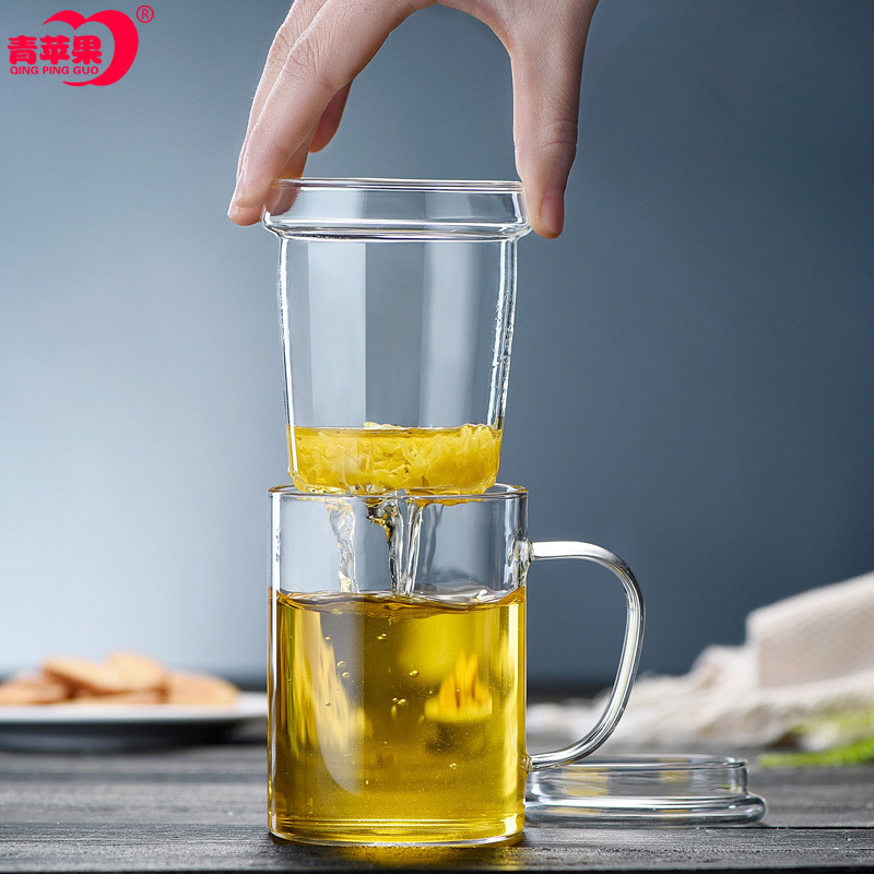 青苹果高硼耐热玻璃杯 450ml办办公室茶杯杯茶水分离泡茶杯带把盖花茶杯家用杯子 情侣杯过滤透明花茶杯玻璃水杯