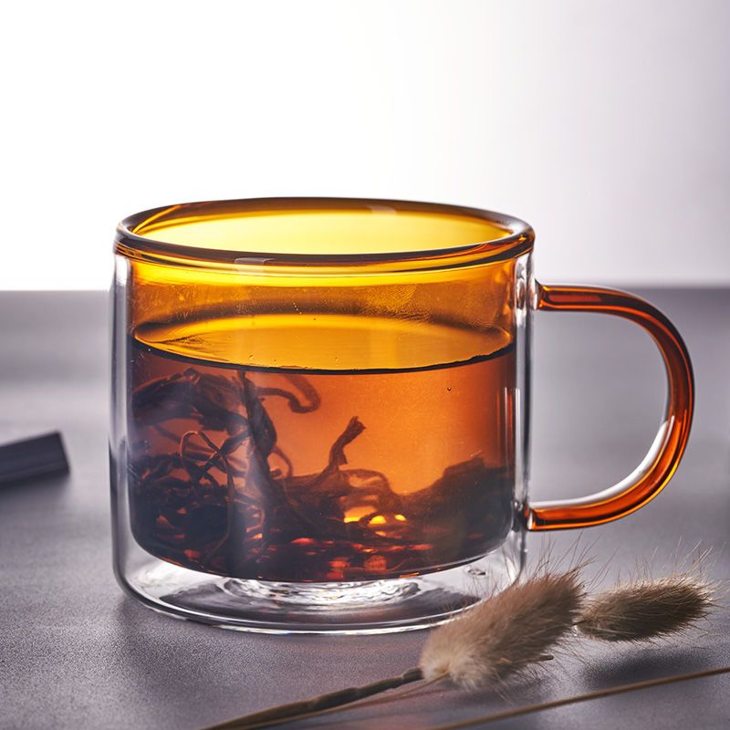 加厚耐热双层玻璃茶杯大号透明玻璃水杯家用防爆带把花茶杯咖啡杯双层