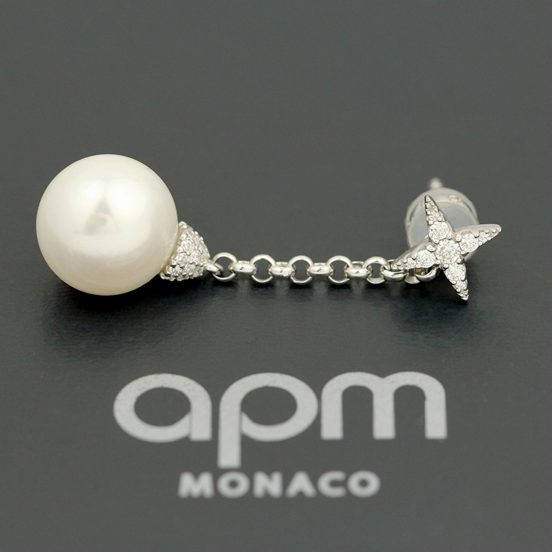 apm MONACO气质单只小星星珍珠耳坠银耳饰长耳环时尚穿孔镶晶钻女士首饰AE11119XPL 银色