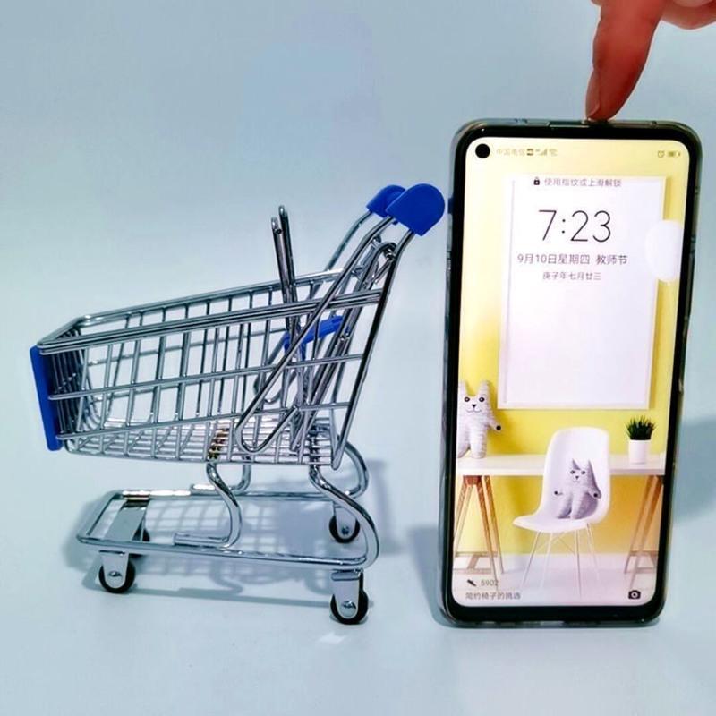 创意桌面儿童迷你小仿真超市购物车小手推车过家家模型玩具收纳车 小号黄色购物车
