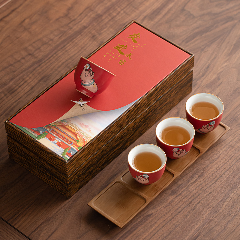 苏氏陶瓷(SUSHI CERAMICS)故宫红恭喜发财心意茶杯杯架盘套组