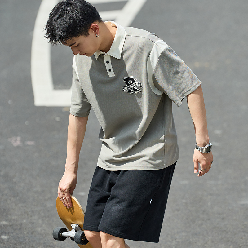 唐狮夏季新款短袖polo衫男宽松黑色拼接上衣男带有翻领t恤学生潮_106186 L 灰豆绿-