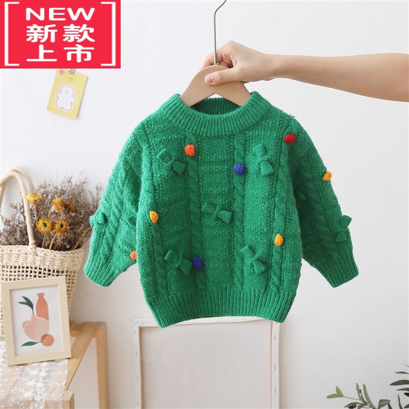 可莉允女童圆领毛衣儿童手工蝴蝶结针织衫小女孩打底宝宝秋冬套头毛线衣