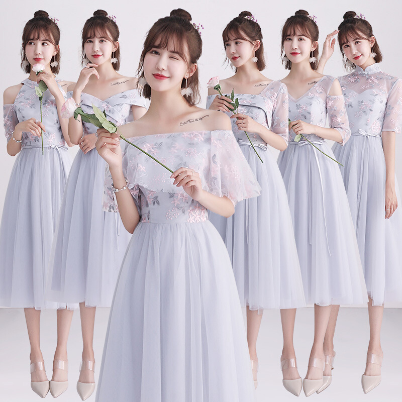 伴娘服中长款女2018新款夏韩版灰色伴娘裙子晚礼服姐妹团显瘦婚礼