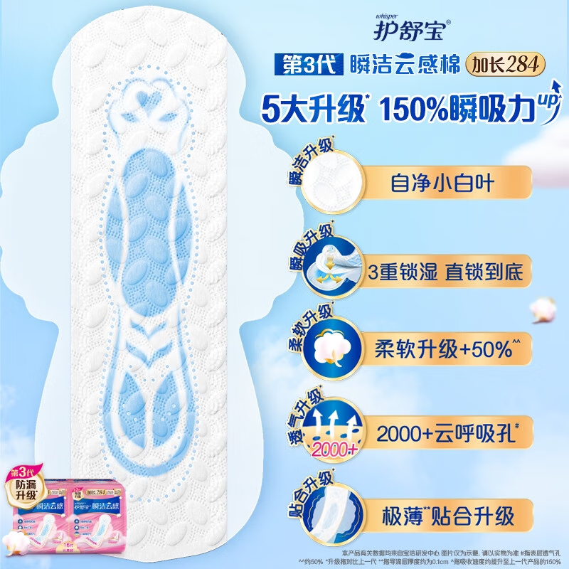 护舒宝 卫生巾 云感棉贴身 日用加长284mm 16片/包*2 超薄无香秒吸姨妈巾高清大图
