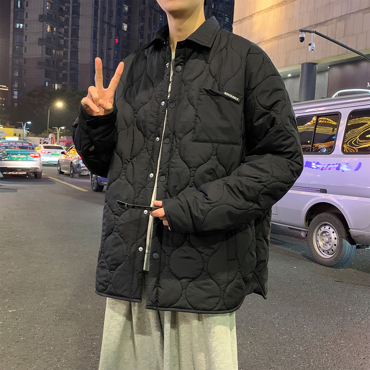 唐狮2023秋冬季新款棉衣男士衬衫领葫芦格加厚外套潮牌上衣服袄子_6211 S 黑色