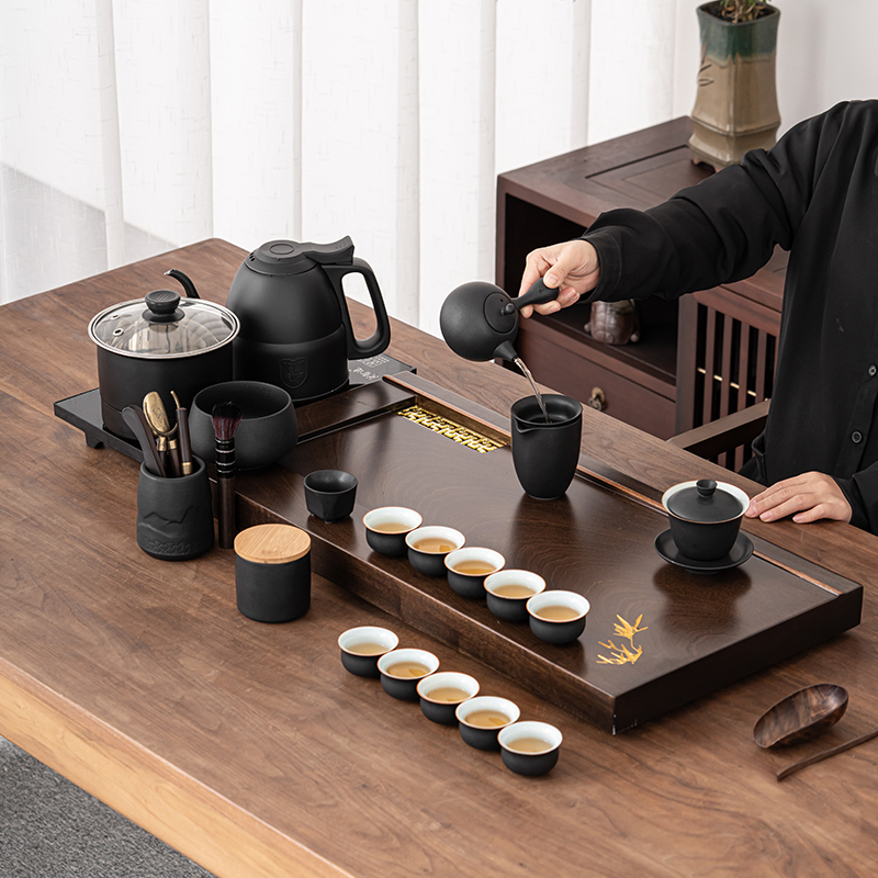 苏氏陶瓷(SUSHI CERAMICS)功夫茶具套装花梨木色茶盘风黑陶茶具自动烧水壶一体整套茶盘茶台