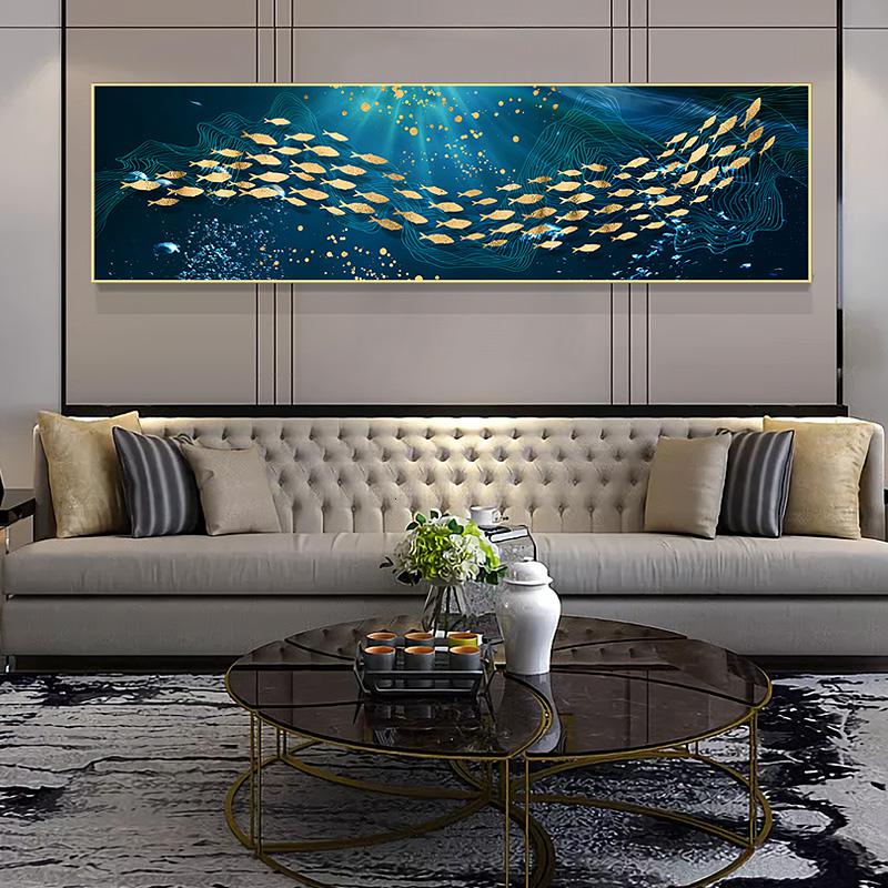 卧室装饰画欧式轻奢床头挂画九鱼图壁画现 金色极光(土豪金) 40×80cm晶瓷画(晶瓷工艺+金属框)统一发金色边框(需换高清大图