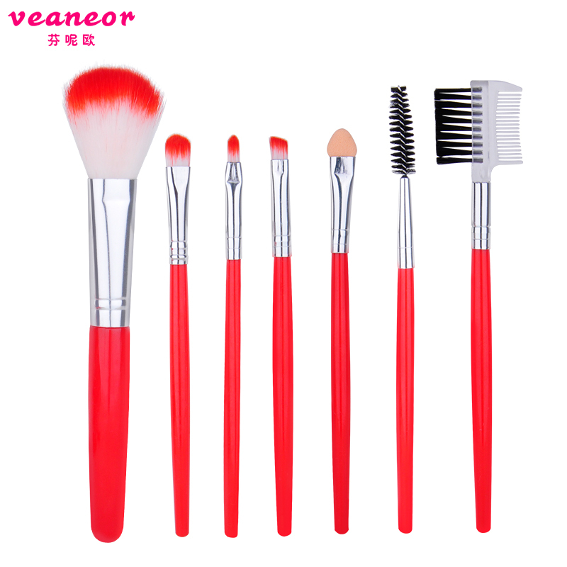 芬呢欧（veaneor） 7件带包便携化妆刷套装 初学者彩妆化妆工具全套刷子 腮红眼影刷 红色