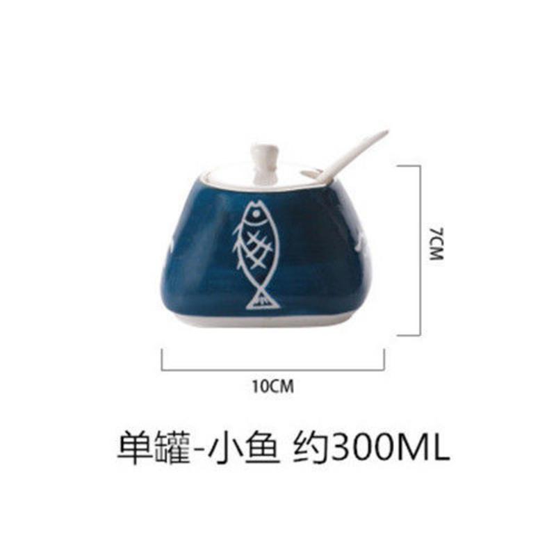 手绘日式创意陶瓷调味罐调料盒套装厨房家用盐糖味精佐料盒耐高温 手绘单罐-小鱼(送勺)
