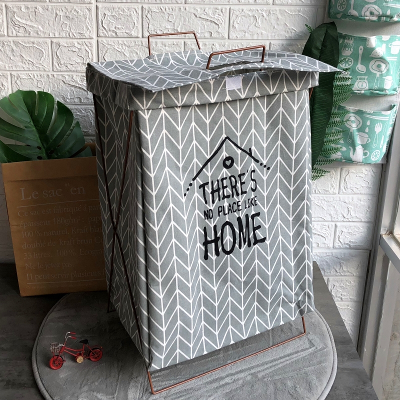 可折叠收纳筐手提脏衣篮支架 防水超大号脏衣篮脏衣篓玩具储物箱 浅灰色带盖灰箭头铁架