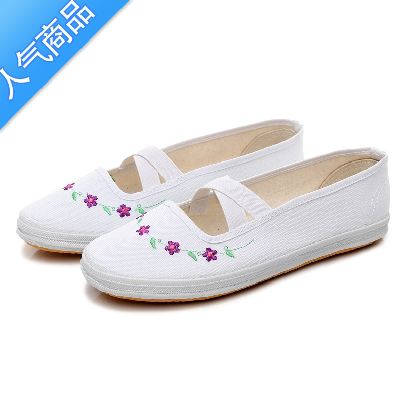女款小白鞋绣花帆布鞋女学生舞蹈演出表演鞋护士工作鞋软底白布鞋
