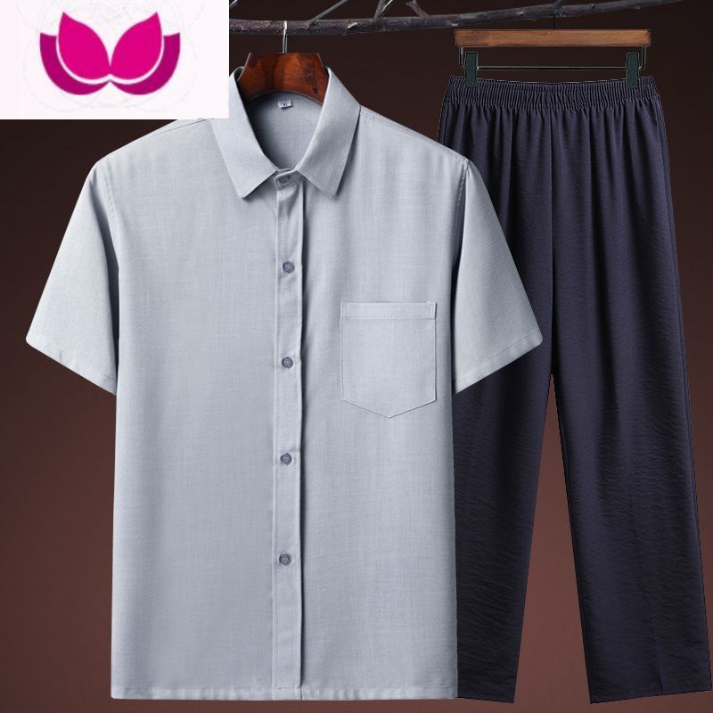 七斓中年短袖棉麻衬衫男套装爸爸夏装中老年衬衣夏季半袖爷爷大码衣服