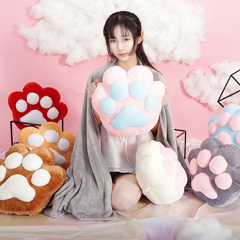 原创可爱猫爪抱枕被子两用办公室午睡毯子靠垫腰靠汽车珊瑚绒被(猫肉球)猫肉球蓝色抱枕38X32cm毯子1米*1米7