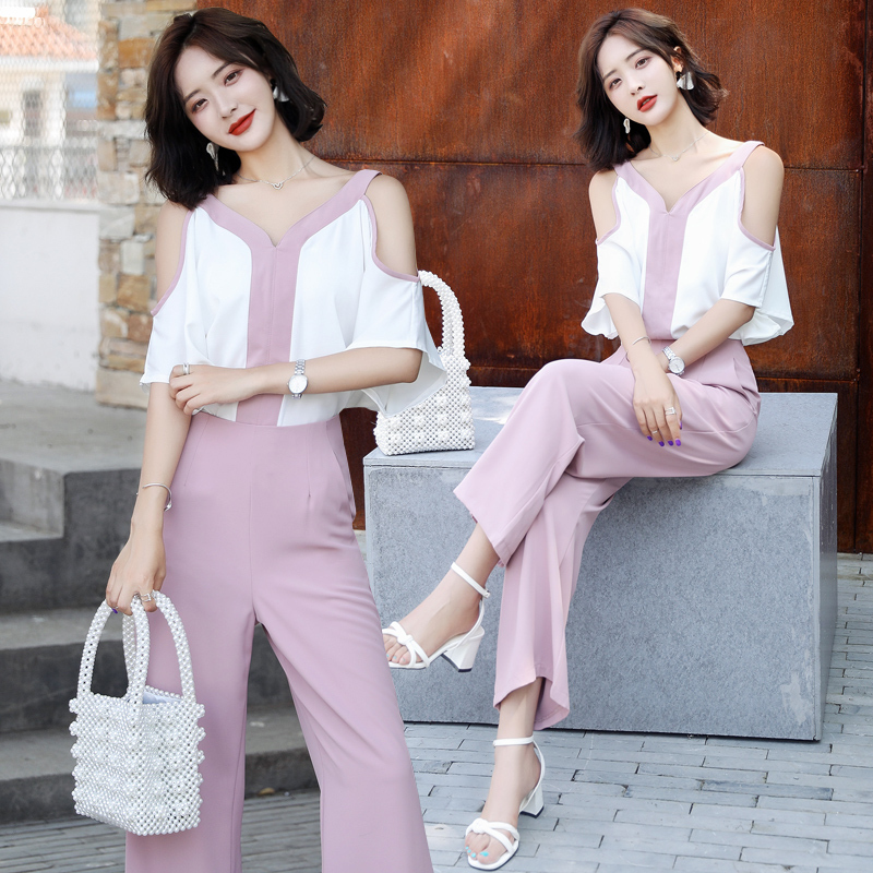 小个子阔腿裤套装女夏女士新品韩版宽松露肩上衣高腰显瘦九分裤潮