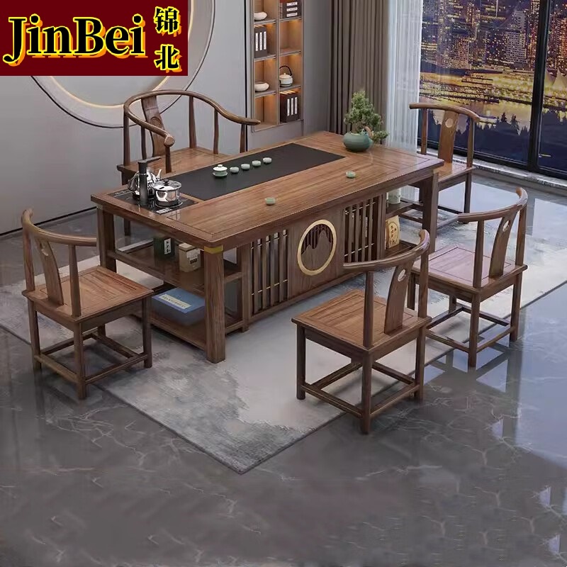 锦北 茶台茶具套装一体禅意茶几茶桌椅组合套装泡茶台2.0祥和桌+围椅+4月牙高清大图