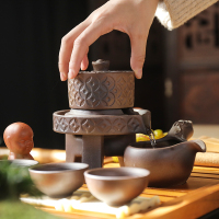 言艺(yanyi) 整套茶具套装实木茶盘懒人半全自动石磨泡茶器陶瓷茶壶茶杯 小陶磨配厚德载物棕