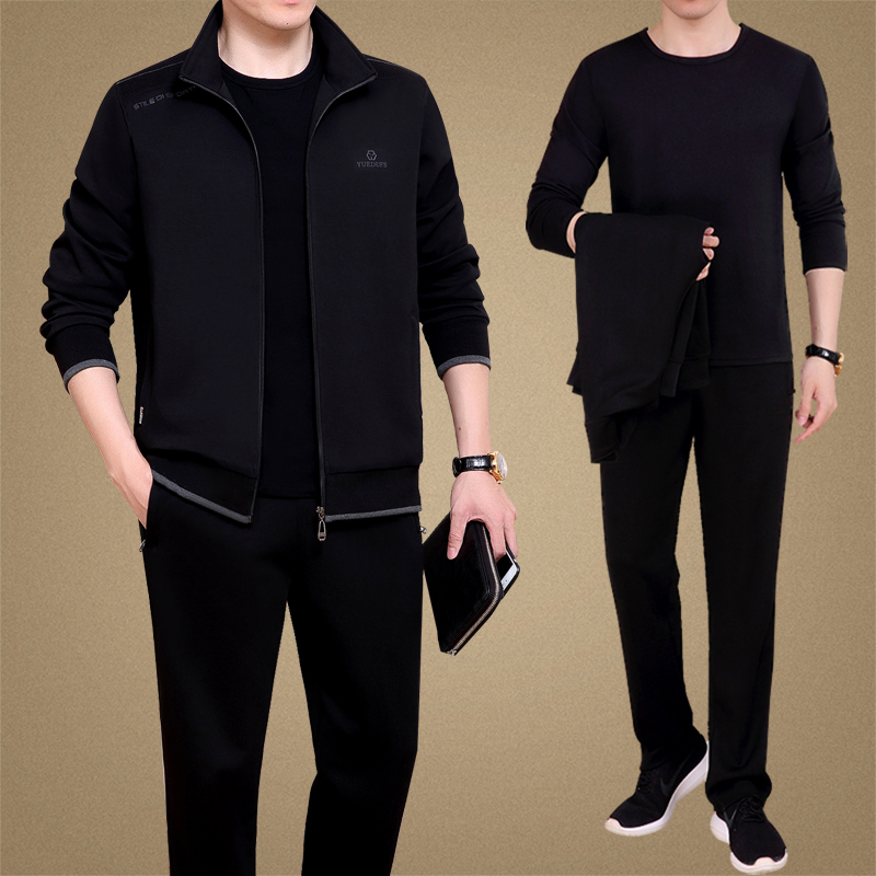 恒源祥名牌中年男士春季运动服套装新款中老年爸爸春秋装休闲外套 1801黑色/长袖内搭 2XL建议140-160斤